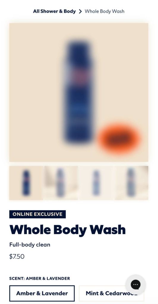 This is a screenshot of the Product Page for Whole Body Wash without star ratings and reviews on the site.