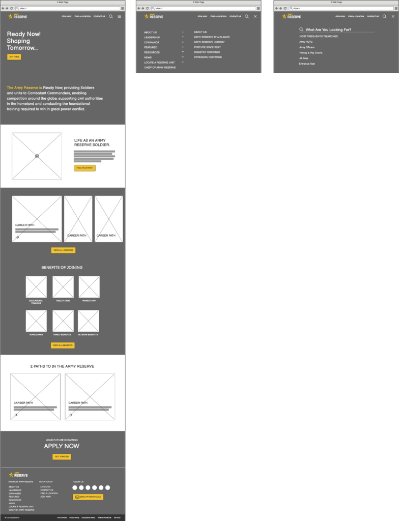 Wireframes of the overall redesign of the homepage, including the menu and search bar feature.